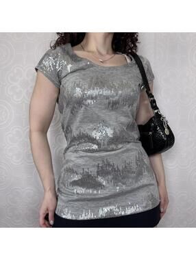 Vintage Y2K Gray Sequin T-Shirt Womens Small By Self Esteem